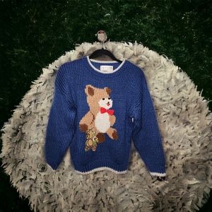 Vintage Teddy Bear Sweater Ladies Small Hand Knit Patchwork Grandma Ugly SW2